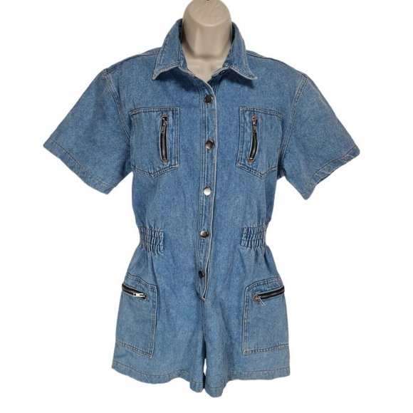 International Women Junior Size 13/14 Short Romper Button Up Blue Denim   190P - Picture 1 of 4